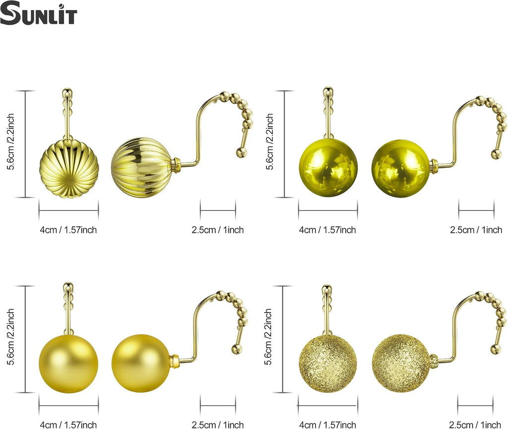 Sunlit Christmas Balls Decorative Shower Curtain Hooks, Shower Curtain Rings with Roller Balls, Xmas Theme Winter Holiday Bathroom Decoration, Set of 12, Golden