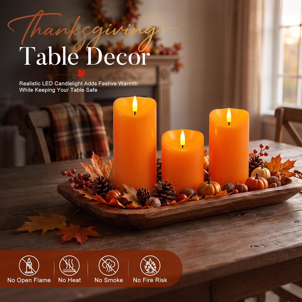 Raycare Real Wax Fall Flameless LED Pillar Candles with Timer Remote,Orange