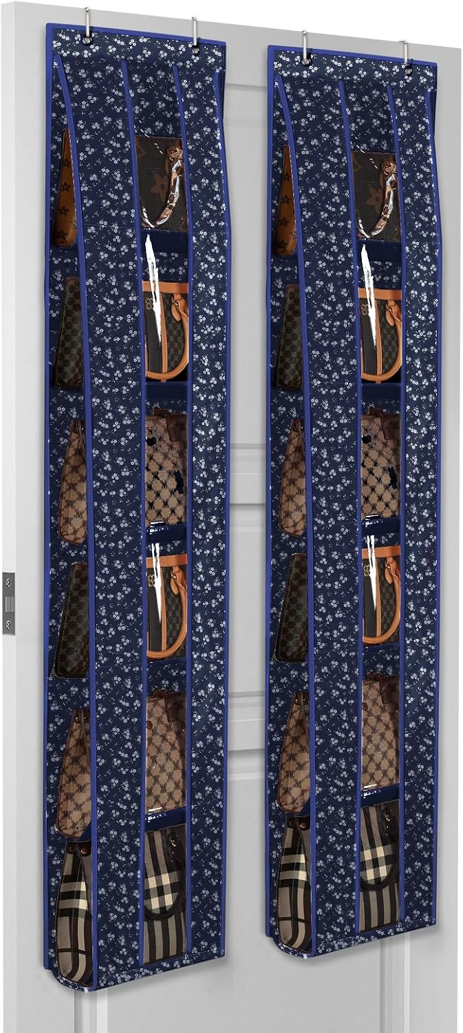 Lirex Over the Door Organizer, 2 Pack Handbag Storage with 6-Tier Space-Saving for Door or Closet, Handbag Hanger, Blue White Floral