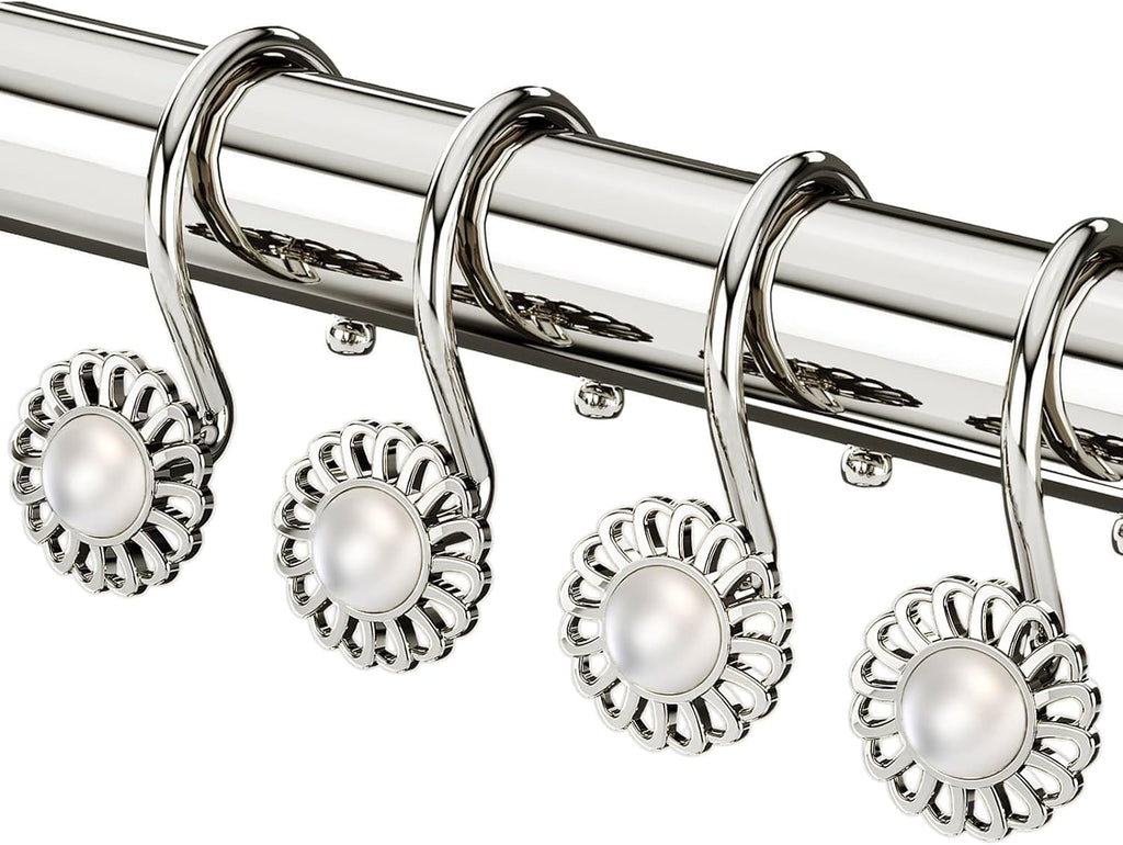 Nickel Shower Curtain Hooks Rings, Decorative Shower Curtain Hangers, Heavy Duty Metal Shower Rings, Sunflower Shower Hooks for Shower Curtain Rod and Liner, Bathroom Curtain Hooks, Set of 12