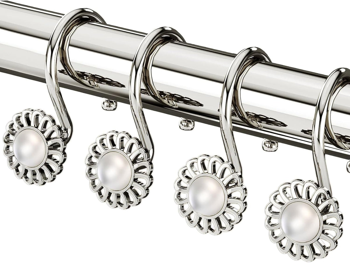 Nickel Shower Curtain Hooks Rings, Decorative Shower Curtain Hangers, Heavy Duty Metal Shower Rings, Sunflower Shower Hooks for Shower Curtain Rod and Liner, Bathroom Curtain Hooks, Set of 12