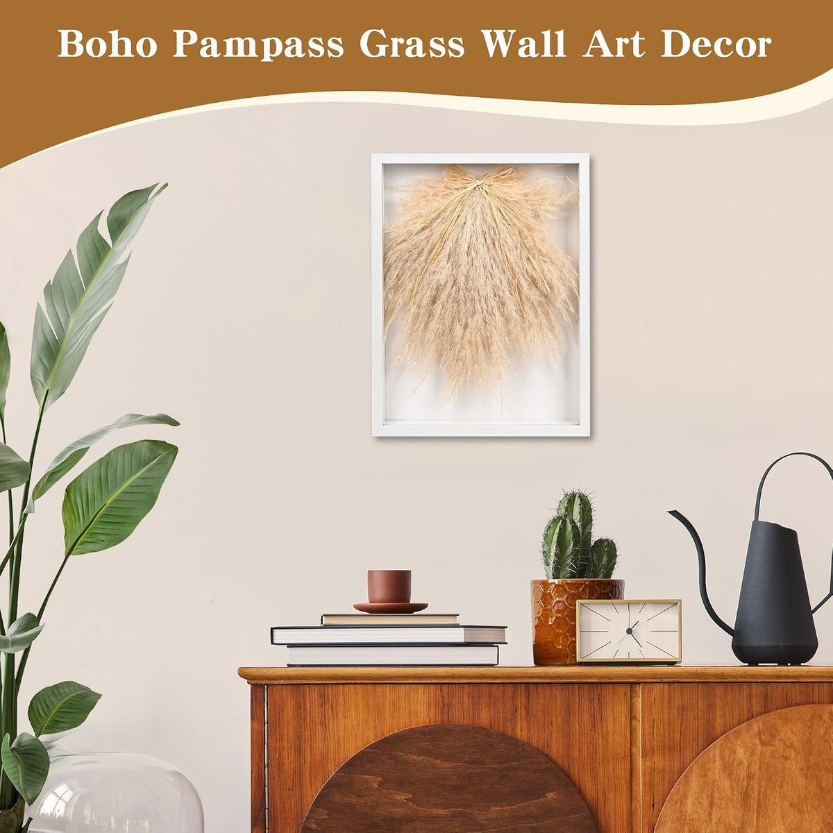 YZXZM Dried Pampas Grass Decorations for Boho Wall Art Decor in 16" Frame (Beige)