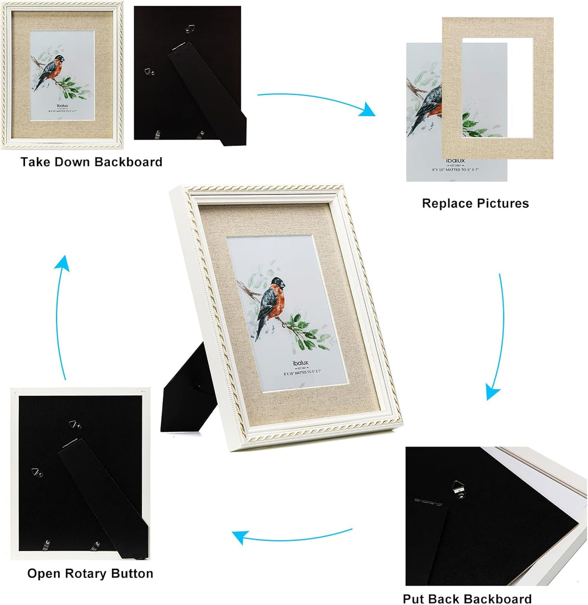 8x10 Picture Frame Pine Wood with Real Glass, Gold-Toned Synthetic Rope Edging, Linen Matted to 5x7, Vertical and Horizontal for Tabletop or Wall Hanging, White
