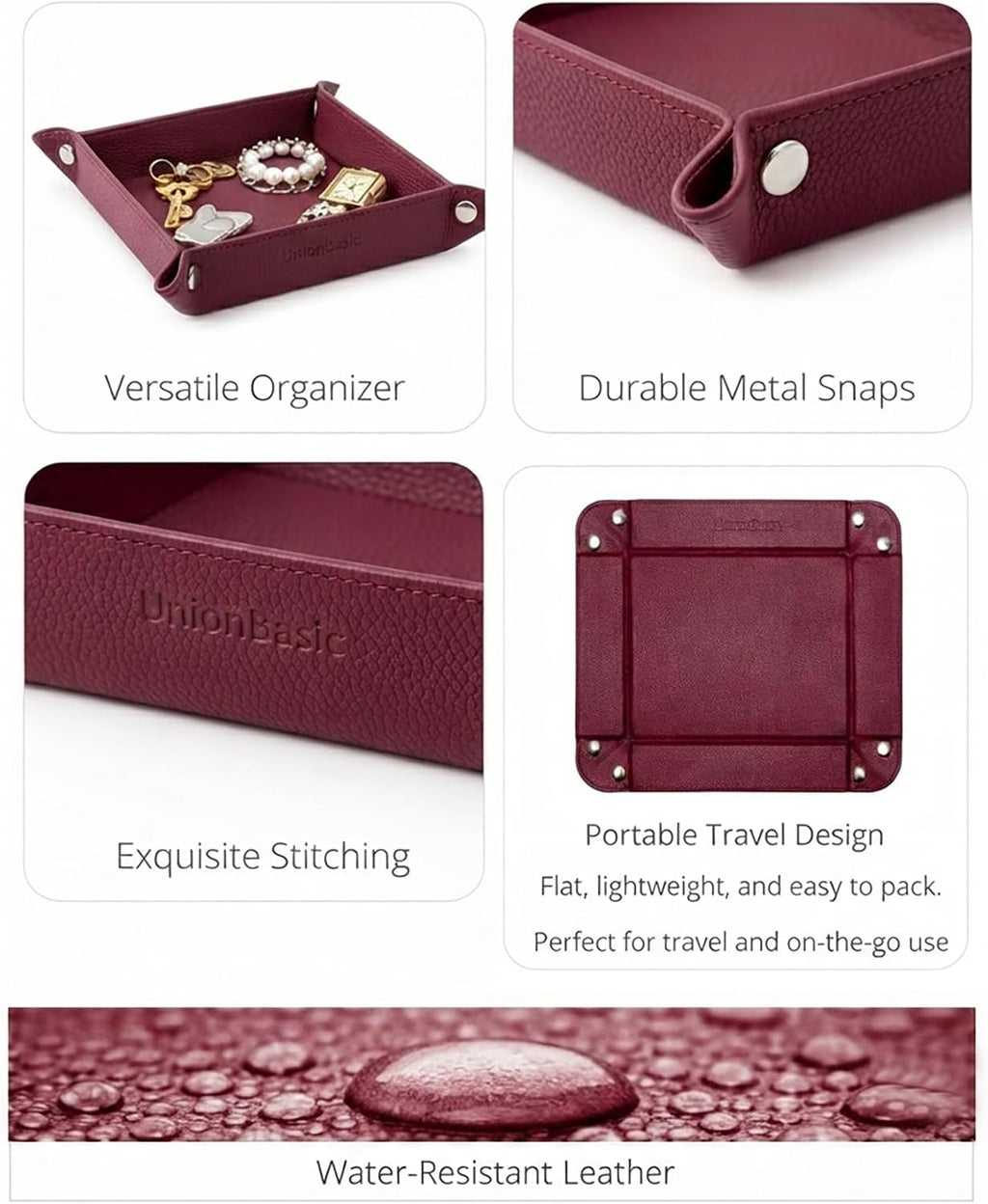 UnionBasic Small Jewelry Tray for Rings Watches Earrings, Entryway Catchall Caddy for Coins Keys Change, Nightstand Bedside Valet Holder, Trays for Electronic Gadgets, Lychee Burgundy