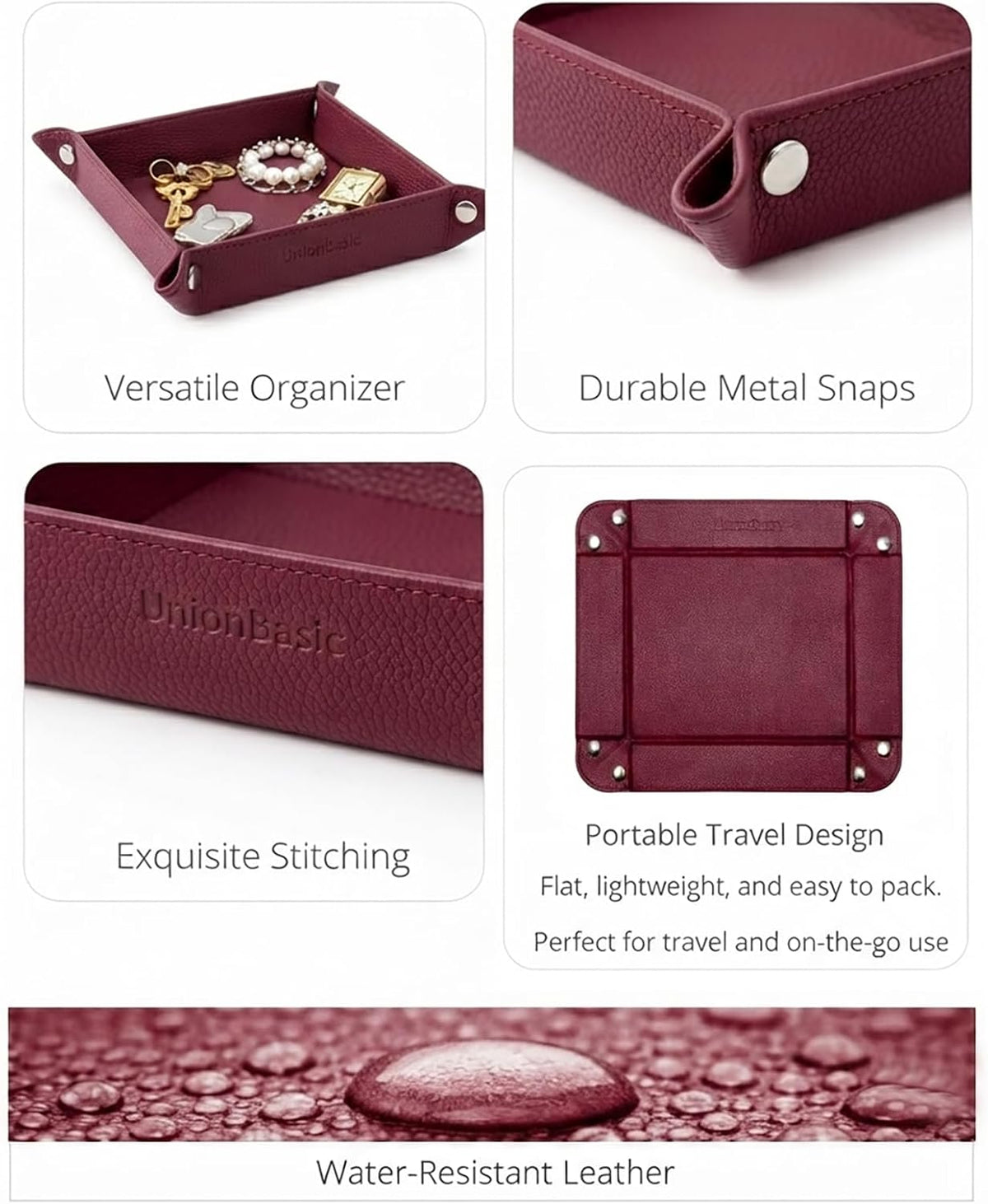 UnionBasic Small Jewelry Tray for Rings Watches Earrings, Entryway Catchall Caddy for Coins Keys Change, Nightstand Bedside Valet Holder, Trays for Electronic Gadgets, Lychee Burgundy