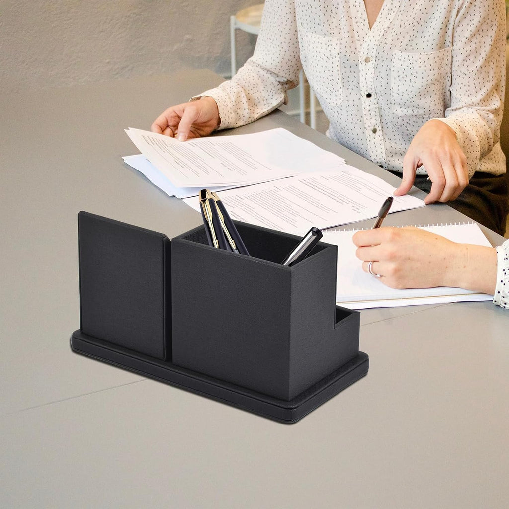 Pu Leather Desk Pen/Pencil Organizer Multi-Function Cell Phone/Remote Control Storage Box with 3 Compartments Office Supplies Sticky Note Tray Business Cards Holder,Black