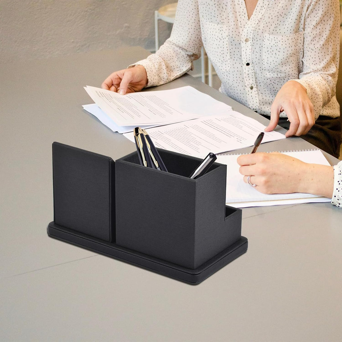 Pu Leather Desk Pen/Pencil Organizer Multi-Function Cell Phone/Remote Control Storage Box with 3 Compartments Office Supplies Sticky Note Tray Business Cards Holder,Black