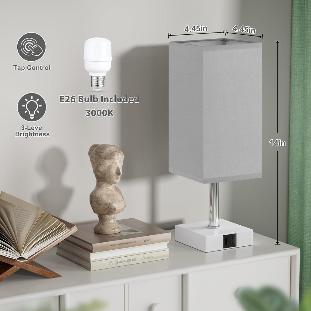 Touch Table Lamp for Bedroom - Dimmable, USB C+A, Grey Lamphade White Base