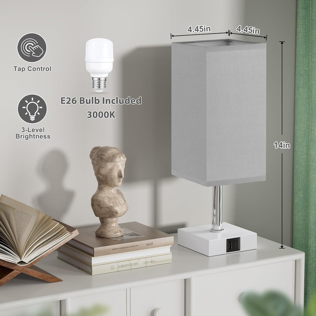 Touch Table Lamp for Bedroom - Dimmable, USB C+A, Grey Lamphade White Base
