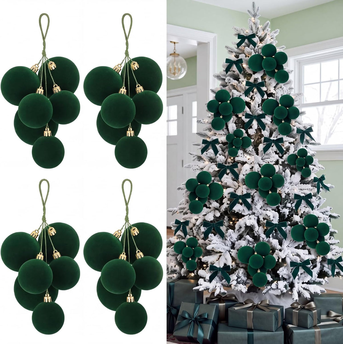 Roowest 4 Sets Large Green Velvet Christmas Ball Clusters Ornaments Decor