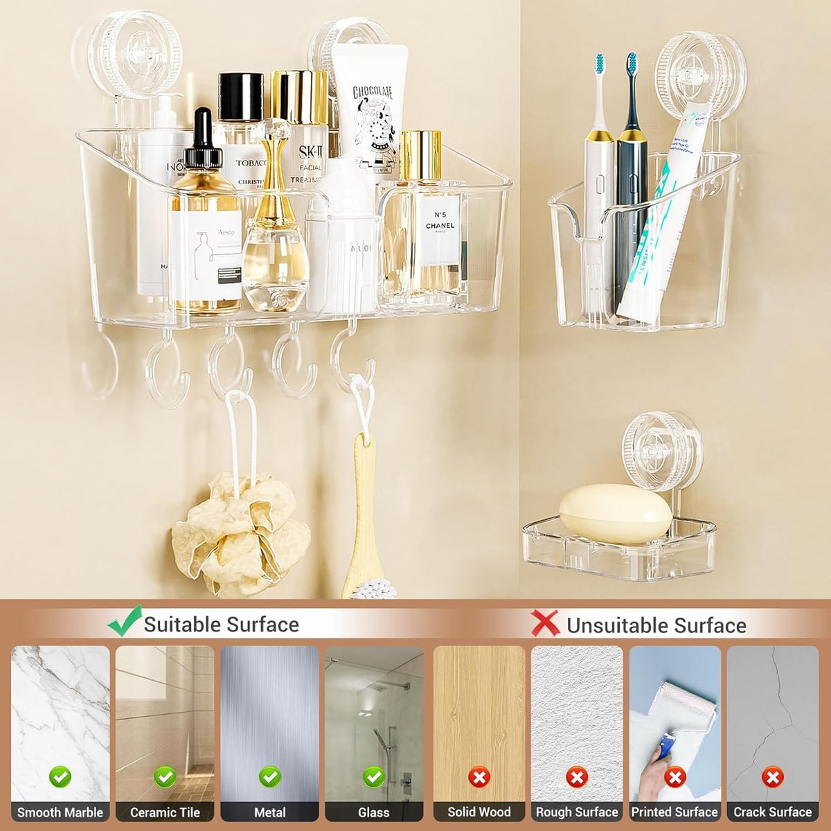 LUXEAR Suction Cup Shower Caddy Clear - 3 Set