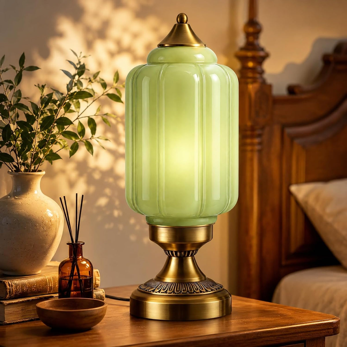 Vintage Brass Table Lamp with Green Milk Glass Shade