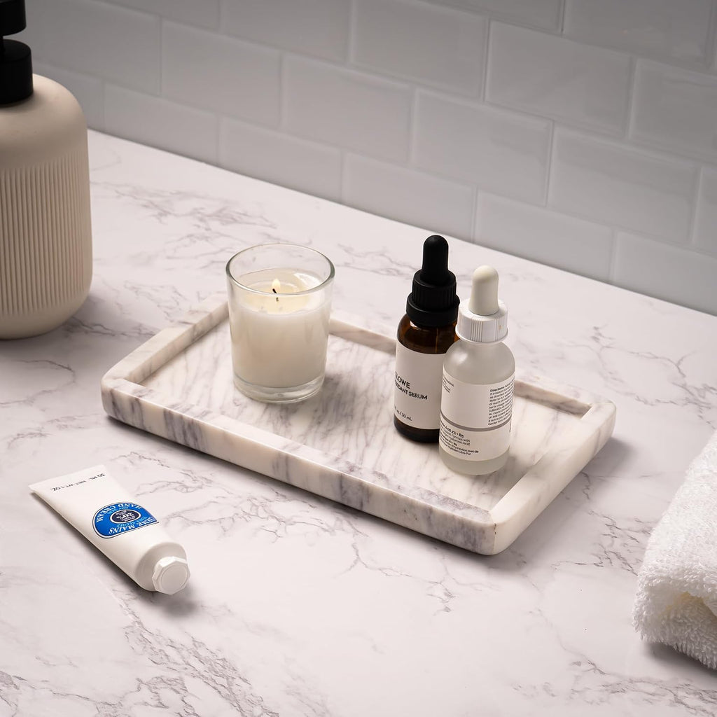 Cork & Mill Marble Tray for Bathroom Vanity, White, Small 8.75 x 5 Inch