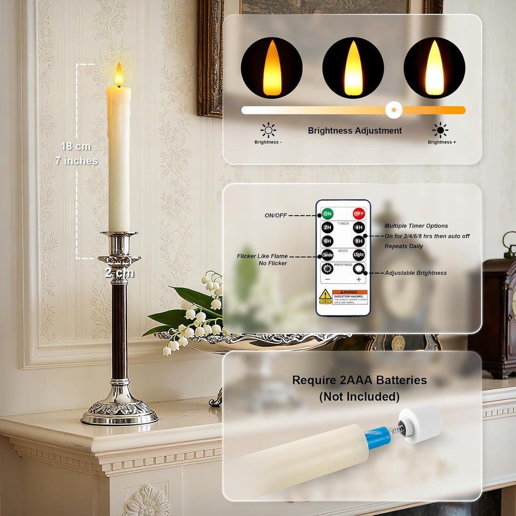 7 Inches Dripless Flameless Taper Candles with Remote Timer Dimmer, Real Wax Battery Candlesticks, 3D Flame Fake Candlesticks for Home Wedding Christmas Decor, Ivory, 6 Pcs