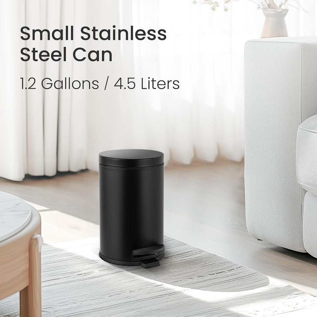 Cesun Small Round Bathroom Trash Can with Lid Soft Close, 1.2 Gal, Black