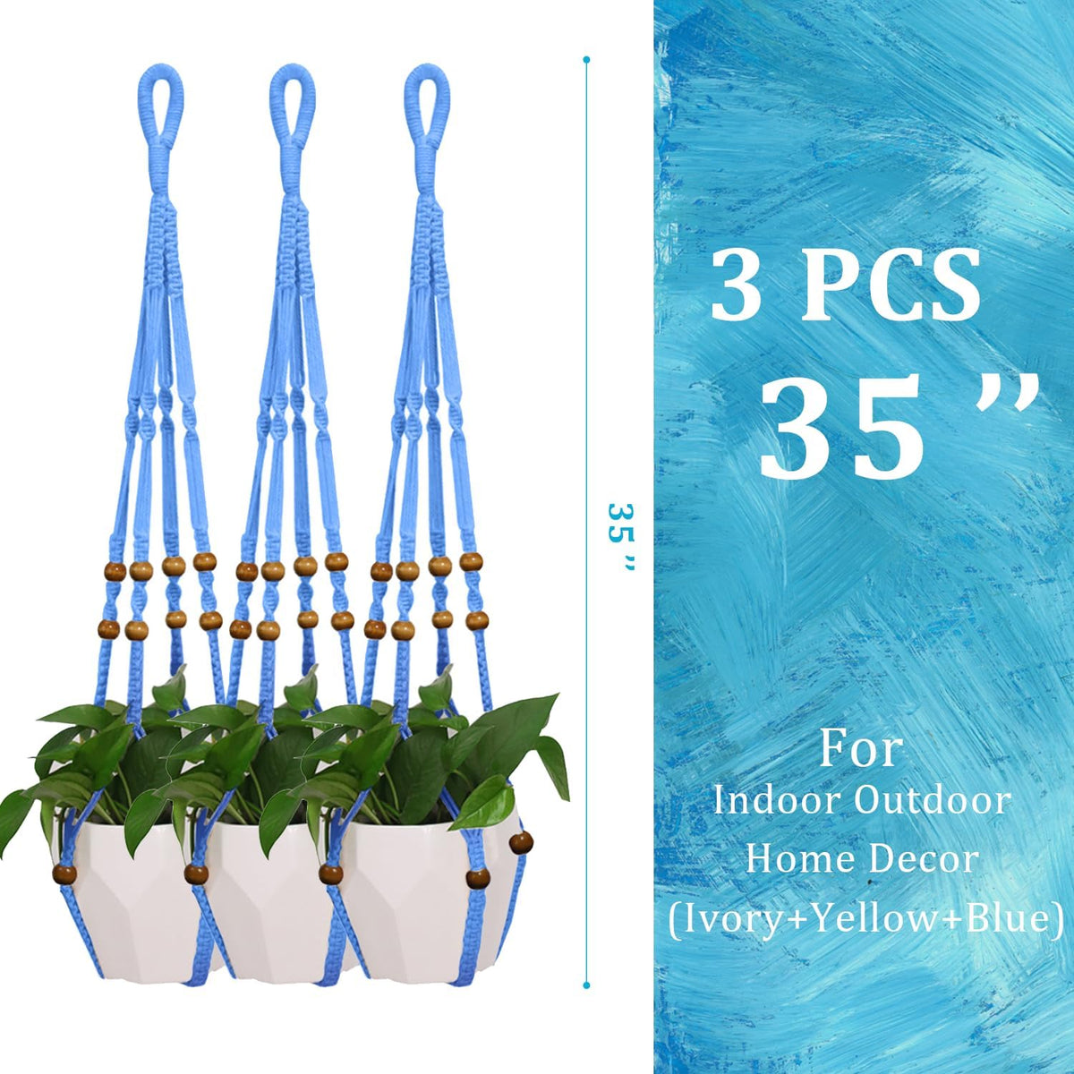 3 Pcs 35 Inch Macrame Plant Hanger Flower Pot Hanging Plant Holder No Tassels Decorative Hanging Planter Basket with Wood Beads for Indoor Outdoor Home Decor (Blue)