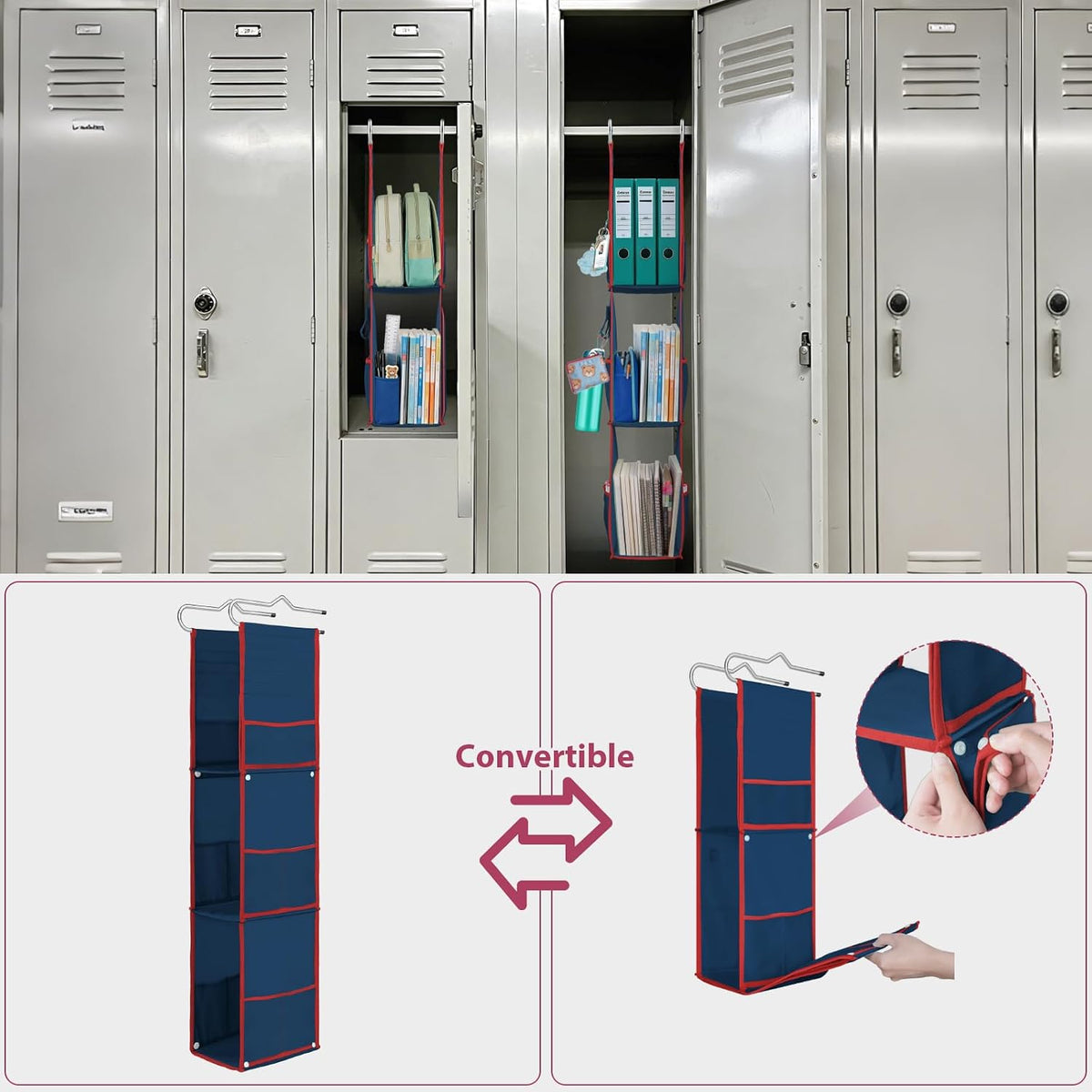 LOVEGRASS 3 Shelf Locker Organizer with Side Pockets, Navy Blue and Red