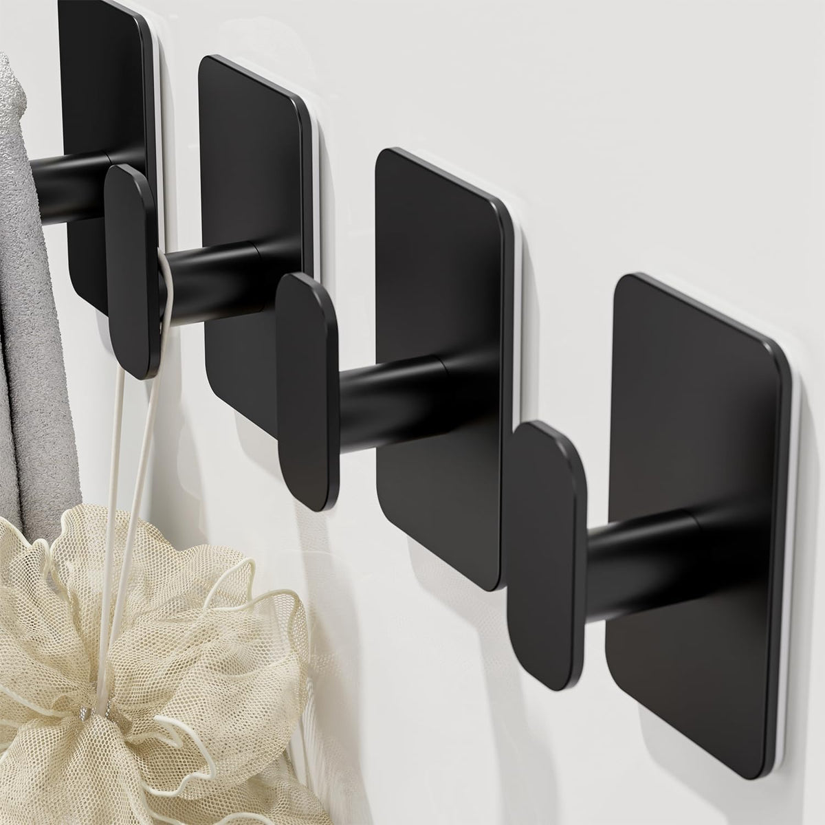 Large Heavy Duty Adhesive Wall Hooks - 26lb Max, Stainless Steel Waterproof Towel Hooks for Hanging Towel, Coat, Robe, Sticky Hooks for Use in Bathroom, Shower, Kitchen, Door(Black, 4 Pack)