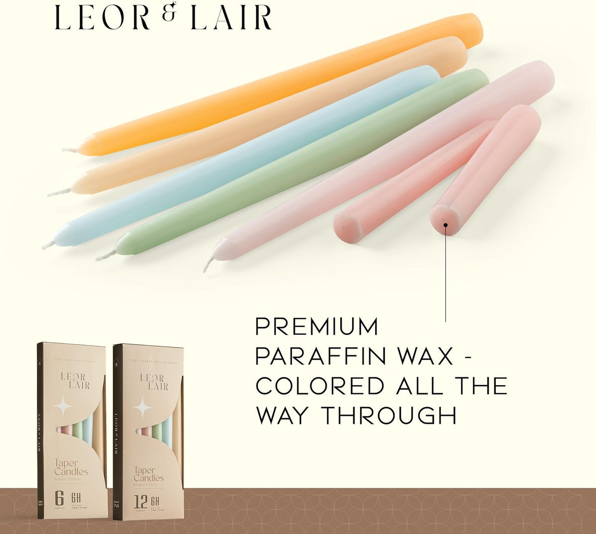 Leor & Lair Pastel Taper Candles, 6 Pack, 10" Tall Candlesticks, Unscented