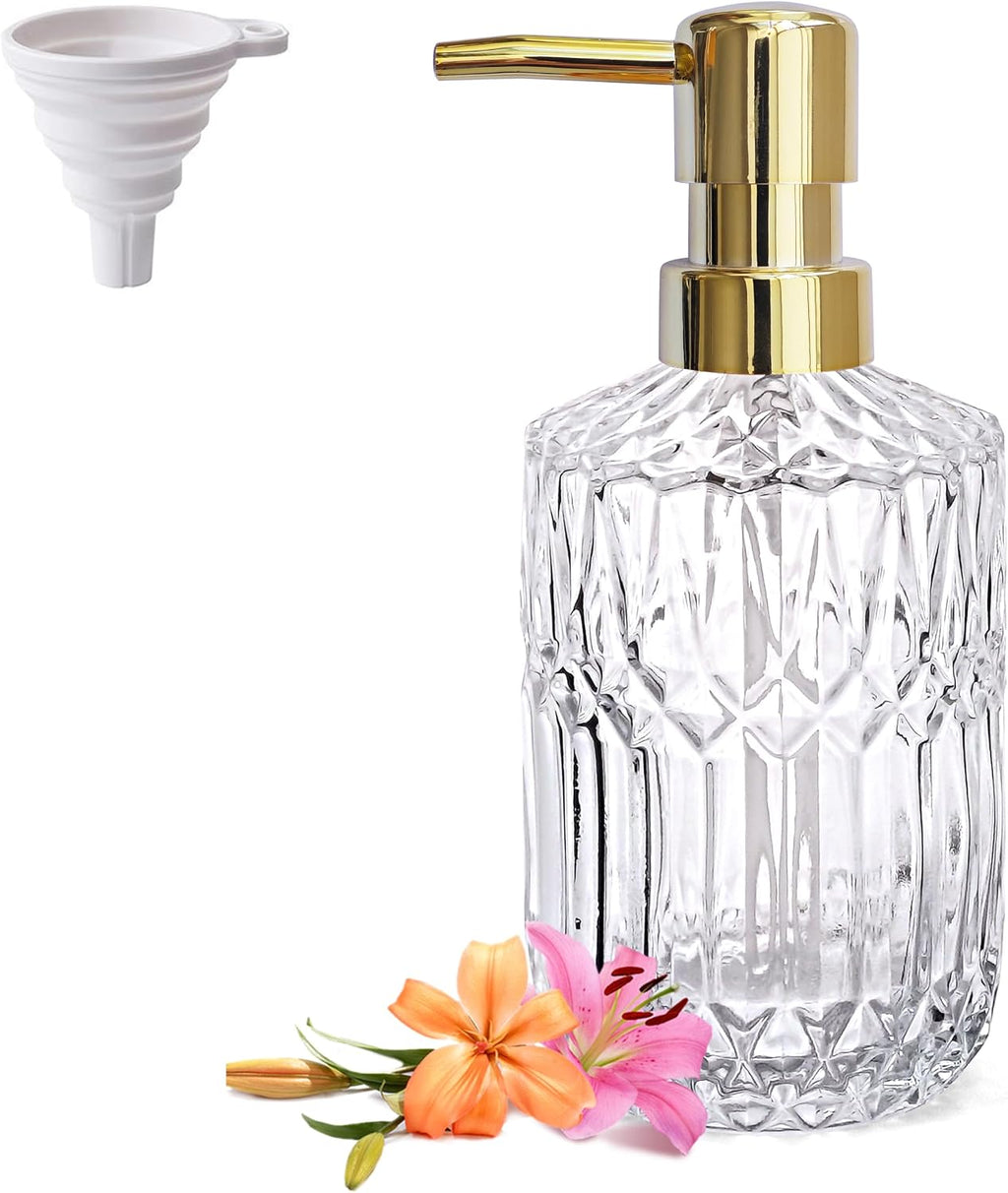 LaMarriti Glass Soap Dispenser with Rust Proof Pump, 13.5 Oz Clear Refillable Hand Lotion Dispenser for Bathroom Countertop and Kitchen, Crystal Vintage Bathroom Accessories, Bathroom Decor