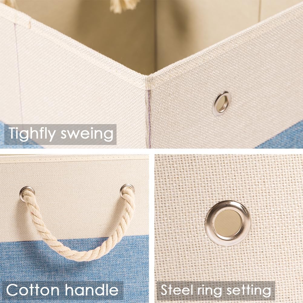 PRANDOM Large Foldable Cube Storage Bins 11x11 inch [4-Pack] Fabric Linen Storage Baskets Cubes Drawer with Cotton Handles Organizer for Shelves Nursery Closet Bedroom Beige/Blue