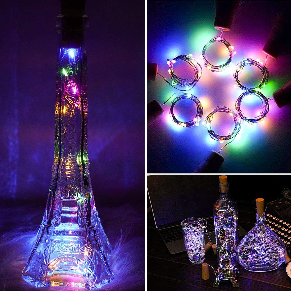 SunKite Wine Bottle String Lights with Cork,18 Pack 20 LED 2M Battery Operated Mini Silver Copper Wire Fairy Lights for DIY Party Wedding Table Centerpieces Decor (Colorful)