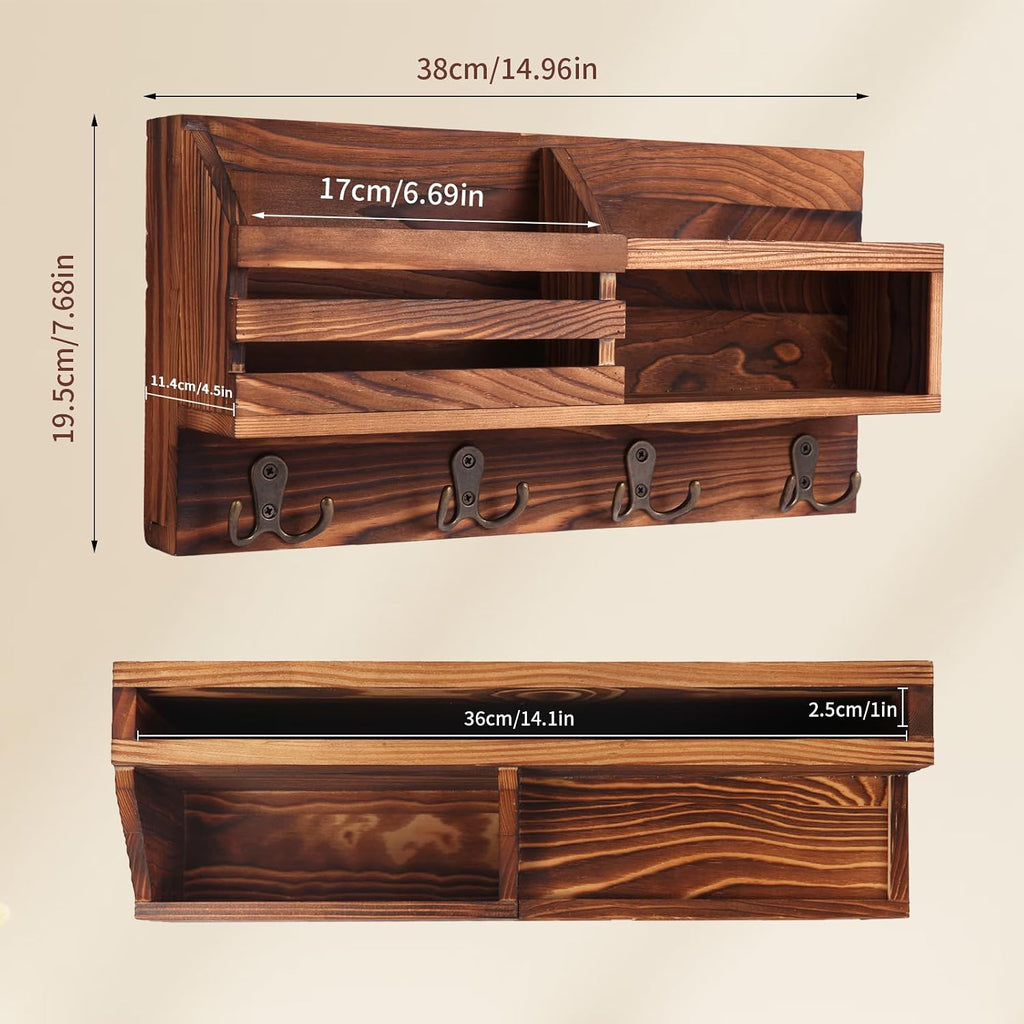 Solid Wood Key and Mail Holder for Wall, Brown