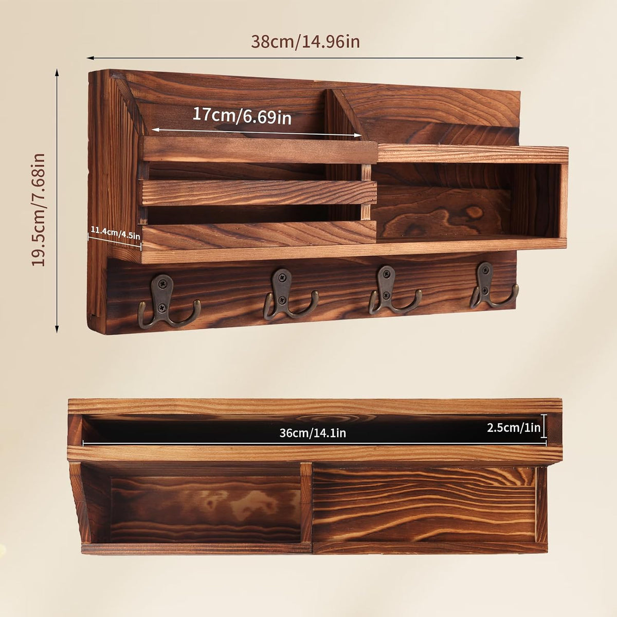 Solid Wood Key and Mail Holder for Wall, Brown