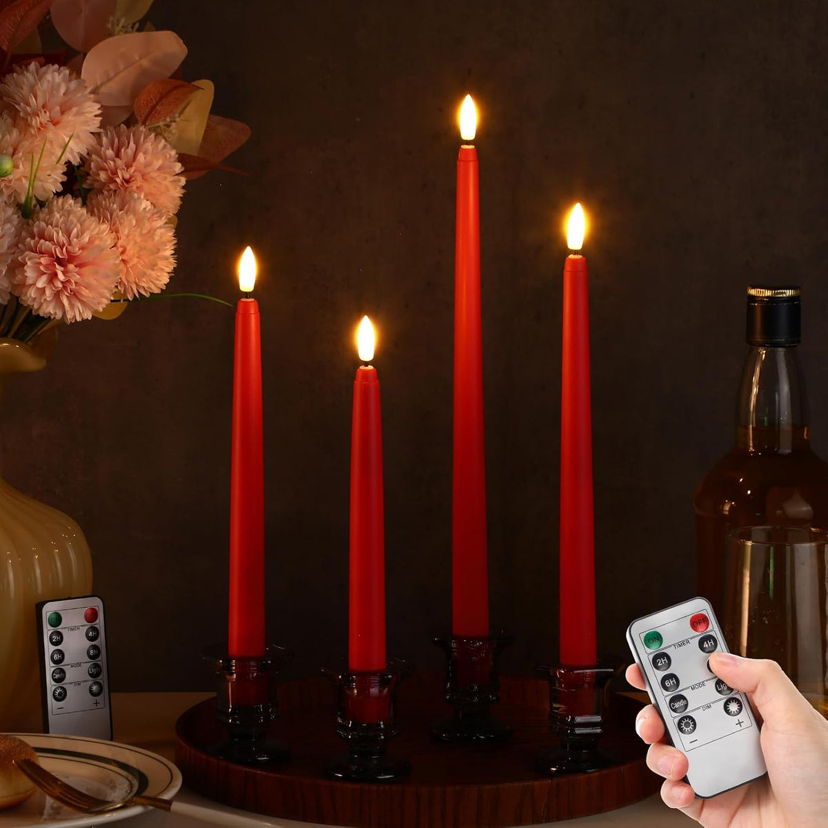 Rossesay 28 Pcs Flameless Taper Candles with Timer Remote, Red
