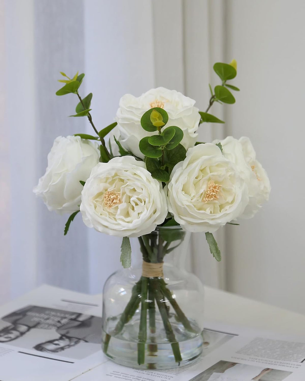 Artificial Flowers in vase, Vivid Faux Rose Flowers Arrangements, Austin Rose Centerpieces for Tables, Flower Ornaments and Flower Arts for Living Room (White)