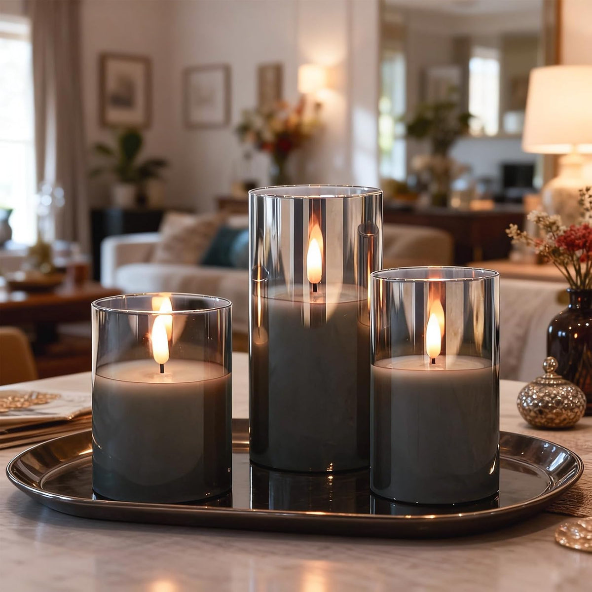GenSwin Glass Flameless Candles, Flickering LED Pillar Candles with Remote Timer, Battery Operated Candles for Home Decor Wedding & Gift (D3 xH4 5" 6",Gray)