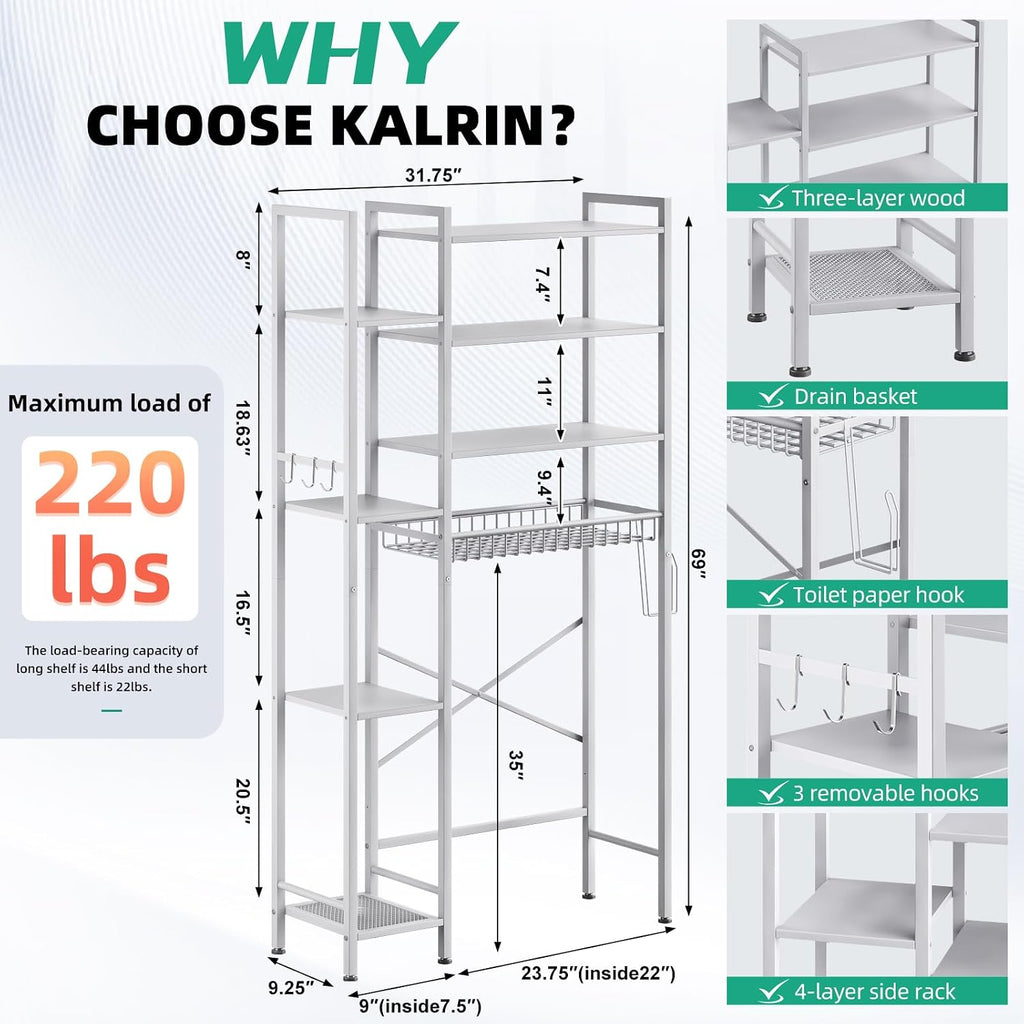 Kalrin 8-Tier Over The Toilet Storage with Side Rack, Over Toilet Storage Rack with Adjustable Shelf & Drain Basket, Freestanding Bathroom Organizer for Balcony, Laundry (Pure White)