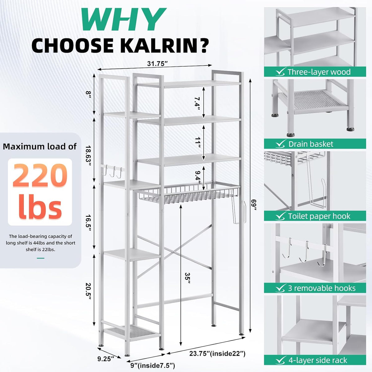 Kalrin 8-Tier Over The Toilet Storage with Side Rack, Over Toilet Storage Rack with Adjustable Shelf & Drain Basket, Freestanding Bathroom Organizer for Balcony, Laundry (Pure White)