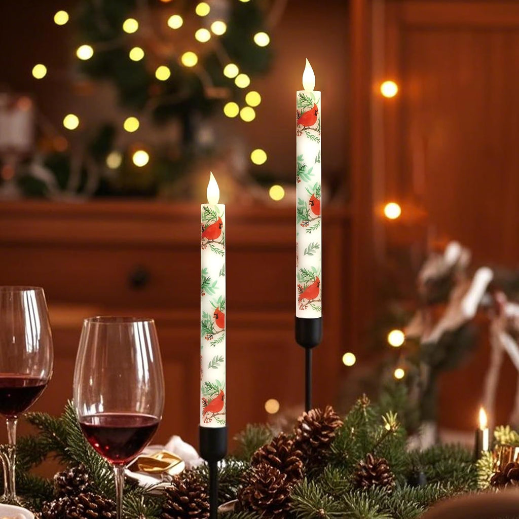 MELTONE Cardinal Bird Flameless Taper Candles with Remote - Red Bird Theme LED Taper Candles for Home Xmas Holiday Party Christmas Decoration - 2PCS 9.5INCH