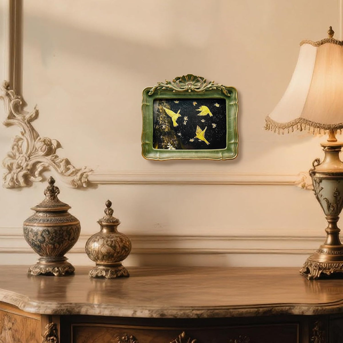 5x7 Vintage Picture Frame, Antique Green Ornate Carved Horizontal Landscape Frame with Glass Front, Tabletop & Wall Hanging Retro Home Decor Photo Gallery Art