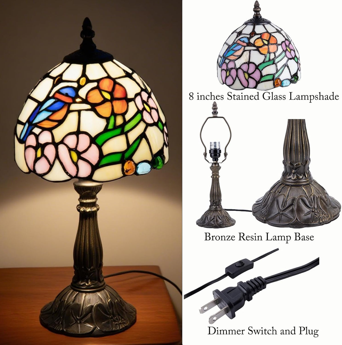 Small Tiffany Style 8 inch Bird Flower Stained Glass Table Lamp