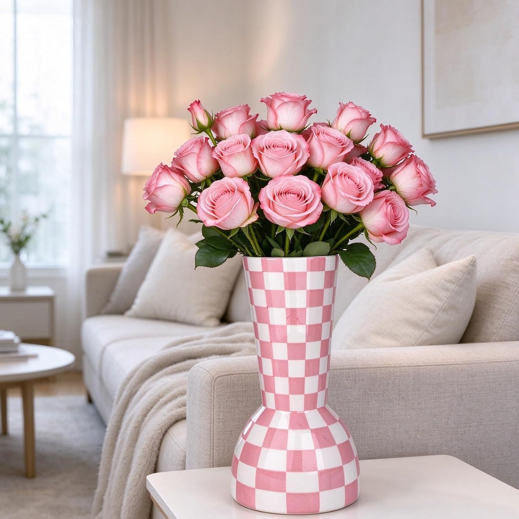 Pink and White Checkered Vase, Aesthetic Modern Ins Cool Flower Vase