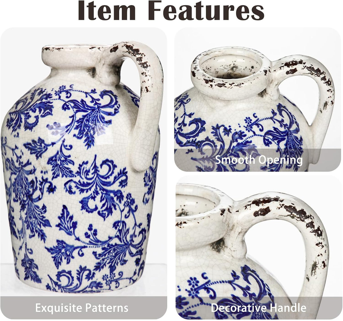 Ceramic Rustic Farmhouse Vase, 9 inch Ceramic Blue and White Vase for Centerpieces Pampas Grass Pottery Jug with Handle Boho Chinoiserie Decor Vintage Vases for Living Room Kitchen Dinner Table Shelf