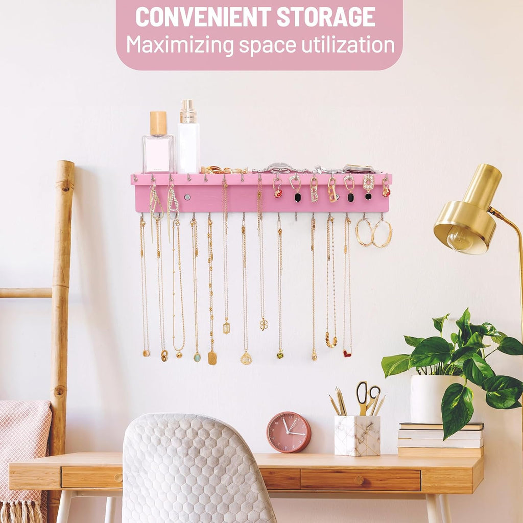 Necklace Holder Wall Mount,Jewelry Organizer with 30 Hooks,Pink
