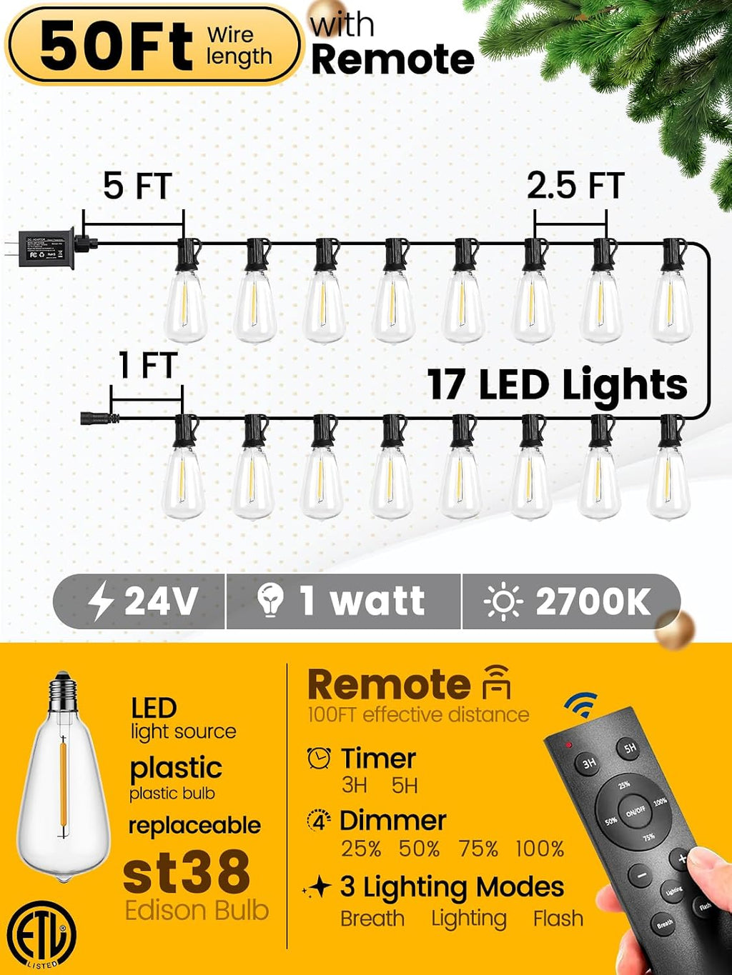 Outdoor String Lights with Remote 50FT Waterproof Patio Lights