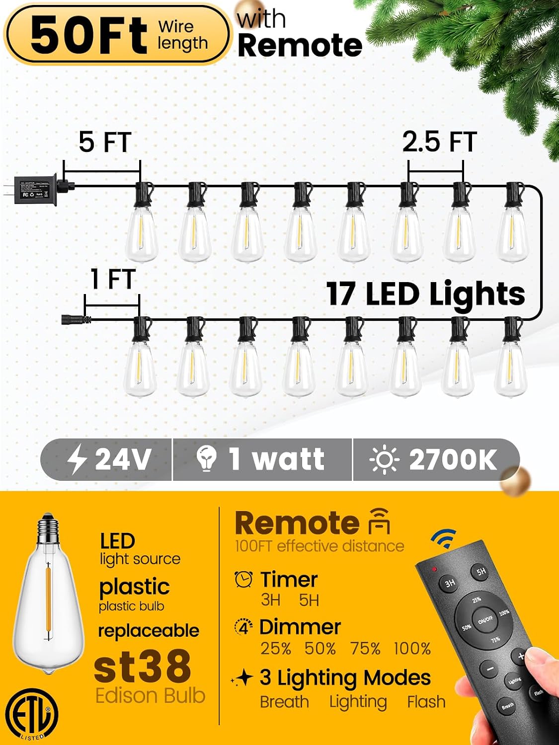 Outdoor String Lights with Remote 50FT Waterproof Patio Lights