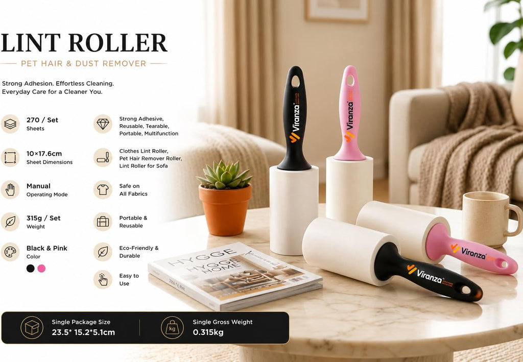 Lint Roller for Pet Hair & Dust Removal – Sticky Portable Lint Remover with 270 Sheets – Reusable Handle for Clothes, Sofa, Furniture, Car & Pet Hair Cleaning – 3 Pack (Black & Pink Combo)