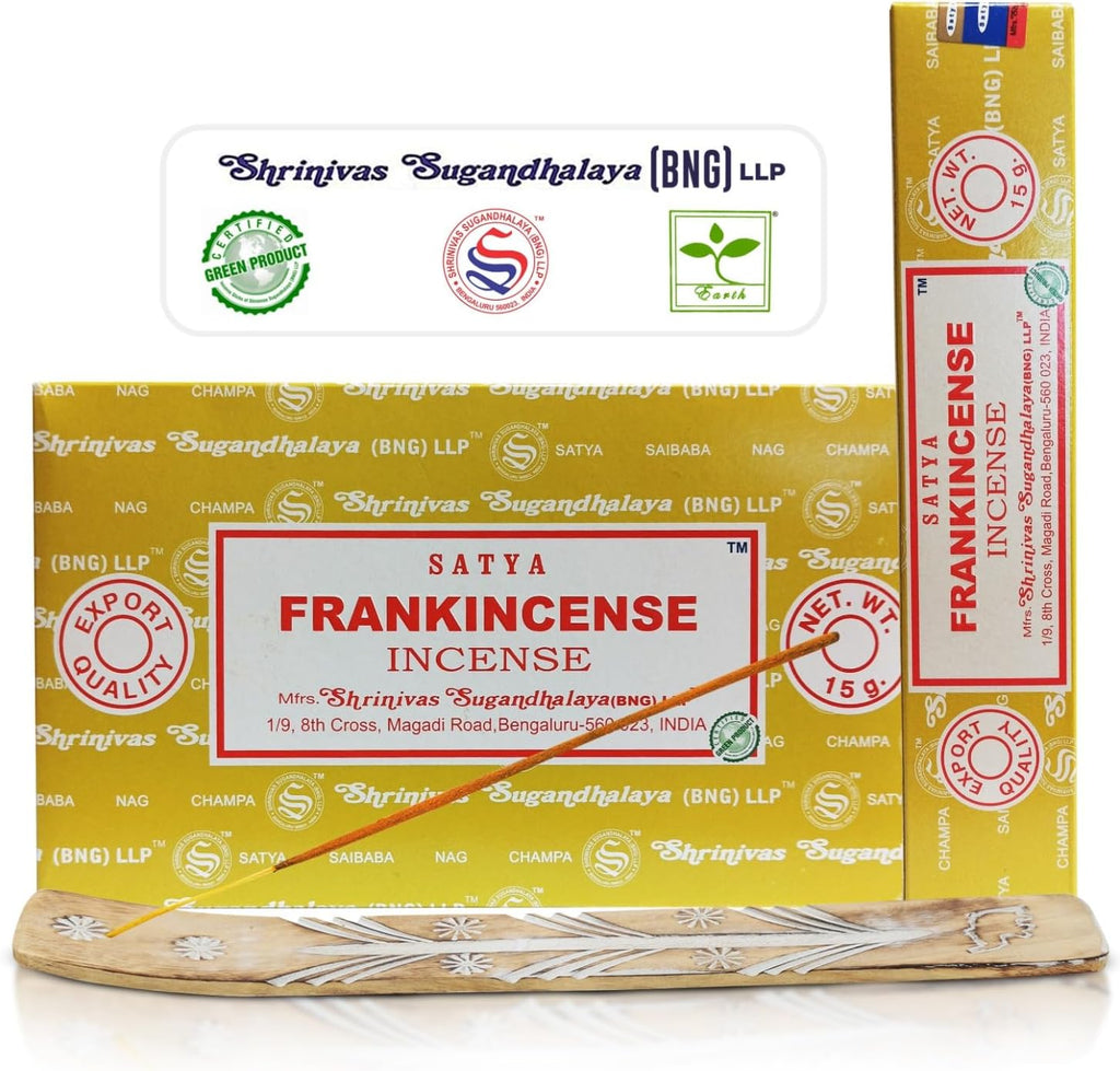 Satya Frankincense Sticks Incense Sticks, Satya Bng Insenses 15gmx12 Pack with Raajsee Incense Holder Bundle, Satya Nagchampa Natural Incense
