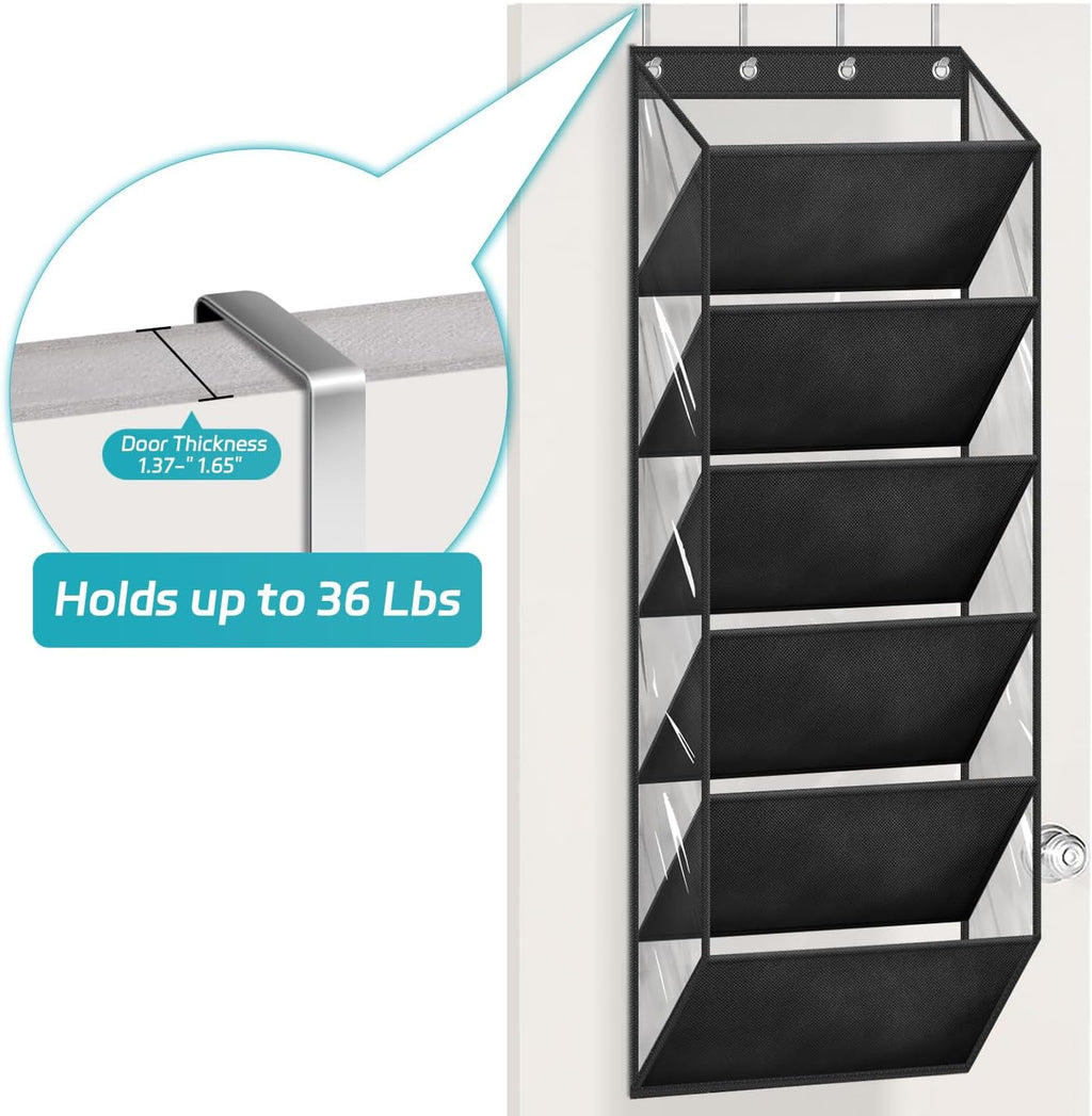 AOODA Clear Over The Door Shoe Organizer Storage Holds 12 Pairs, Narrow Door Hanging Shoe Rack for Closet, Deep Pockets Shoe Holder Hanger for Sneakers, Boots (Black)