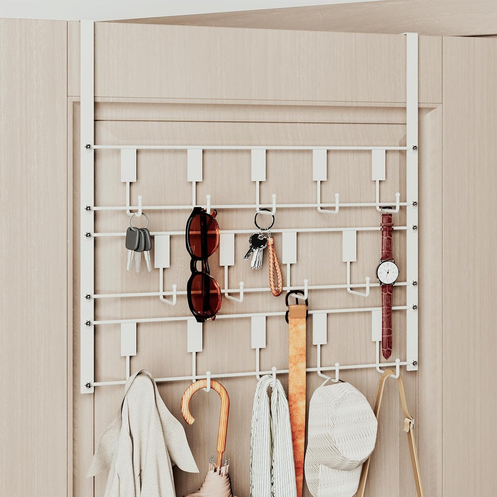 Over The Door Hooks for Hanging, 14 Hooks Over Door Coat Hanger, Coat Clothing Rack and Towel Rack for Bathroom Organizer, Door Hanger Organizer Kitchen, Bathroom Towel Storage Decor White