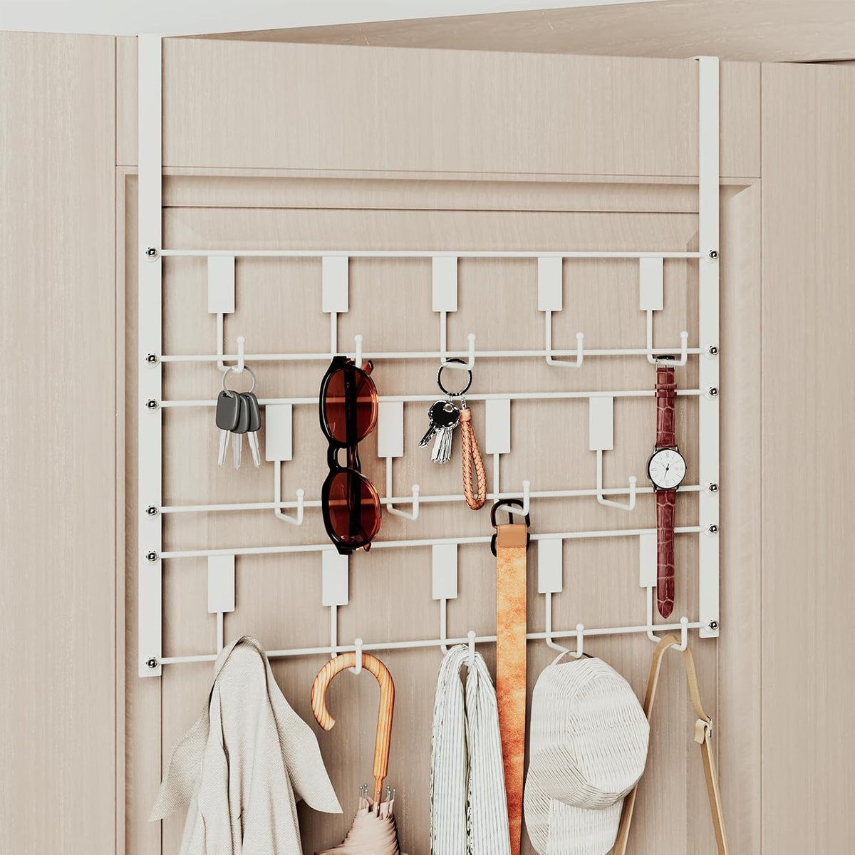Over The Door Hooks for Hanging, 14 Hooks Over Door Coat Hanger, Coat Clothing Rack and Towel Rack for Bathroom Organizer, Door Hanger Organizer Kitchen, Bathroom Towel Storage Decor White