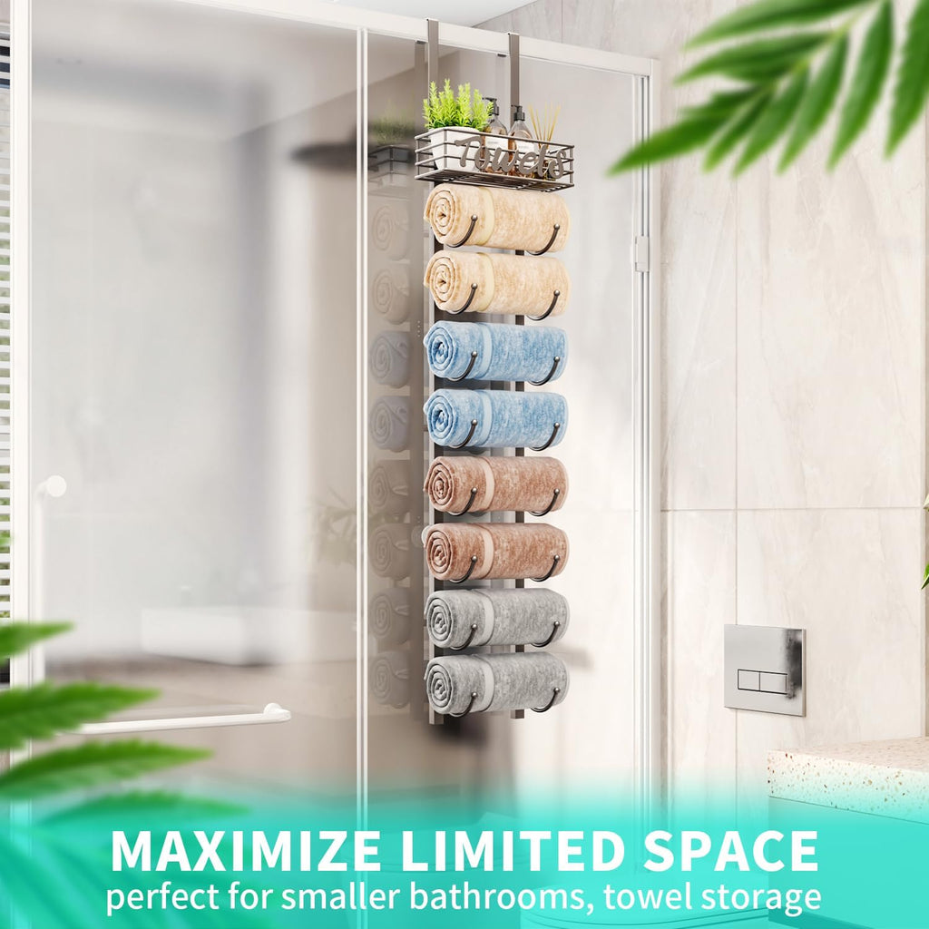 HapiRm Towel Racks for Bathroom Storage - 9 Tier Over The Door & Wall Mount Rolled Towel Storage Organizer Holder with Metal Shelf Basket for Small Bathroom, Camper, Rv - Patented