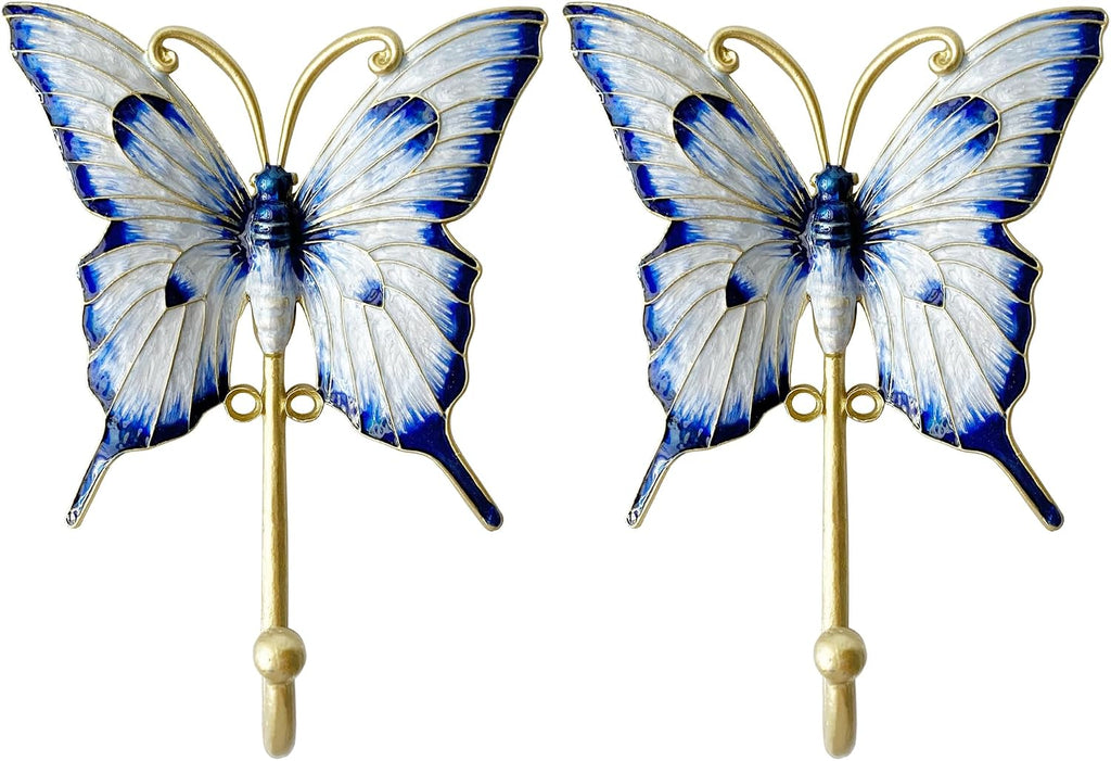 Vintage Butterfly-Shaped Decorative Wall Hooks, 2 Pack Hand-Painted Blue Butterfly Metal Wall Hook Rack Hangers for Hanging Coats, Clothes, Keys, Hats, and Towels