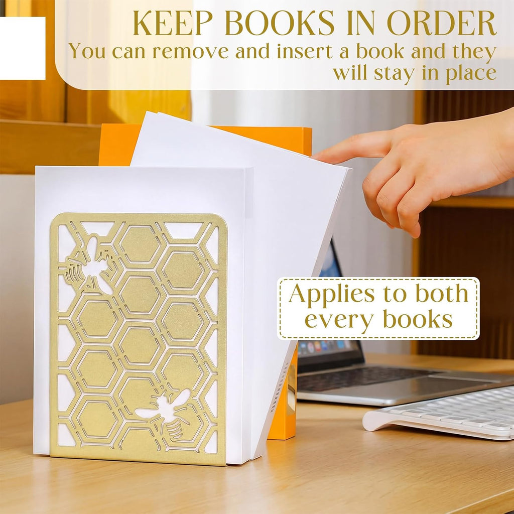 Chunful 6 Pack Gold Metal Honeycomb Bee Bookends Book Stoppers for Shelves