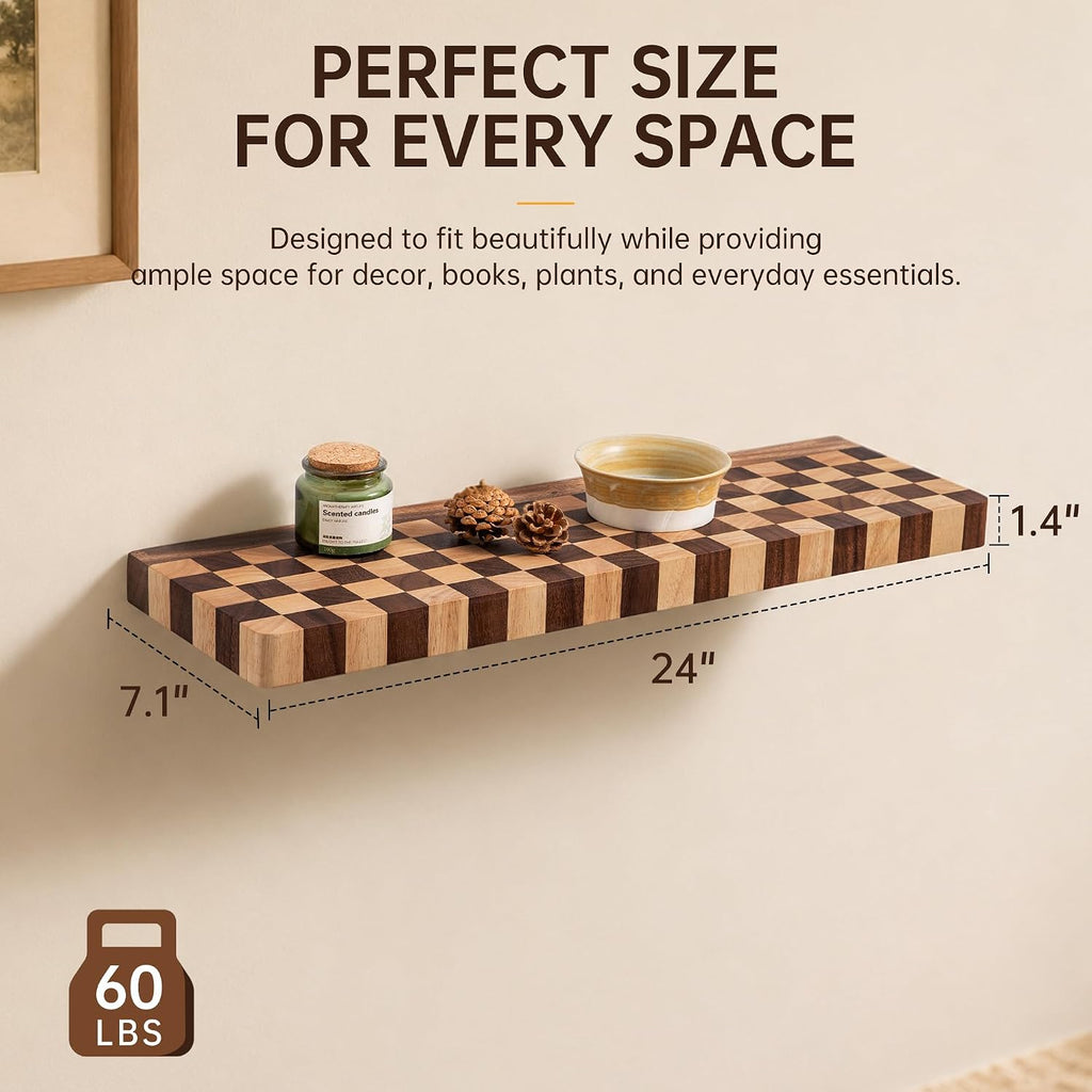 Floating Shelves for Wall, 24 Inch Solid Wood Checkered Wall Shelves